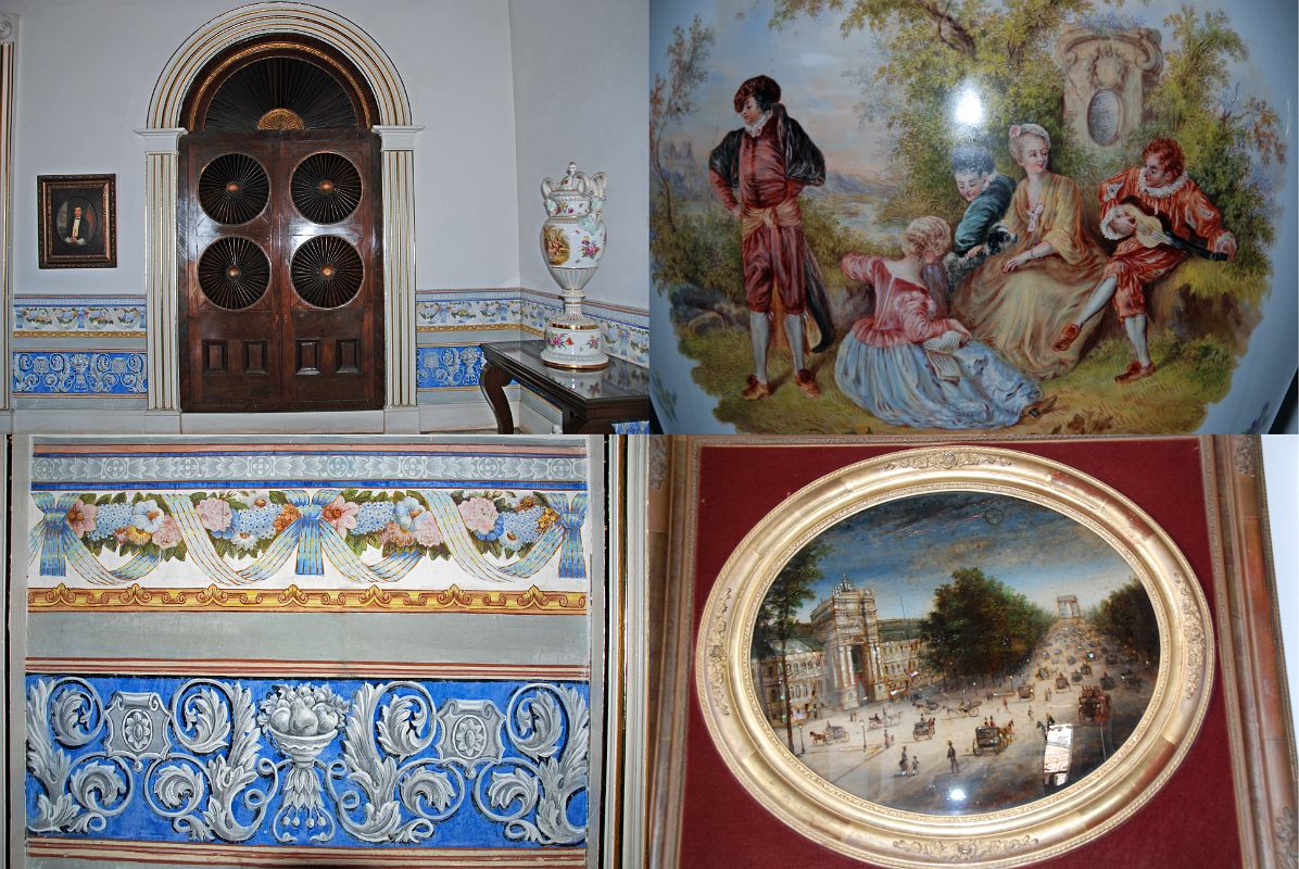 33 Cuba - Trinidad - Plaza Mayor - Palacio Brunet, Museo Romantico - Living Room - Wooden Door, painted Sevres vase, elegant fresco, painting of Paris
